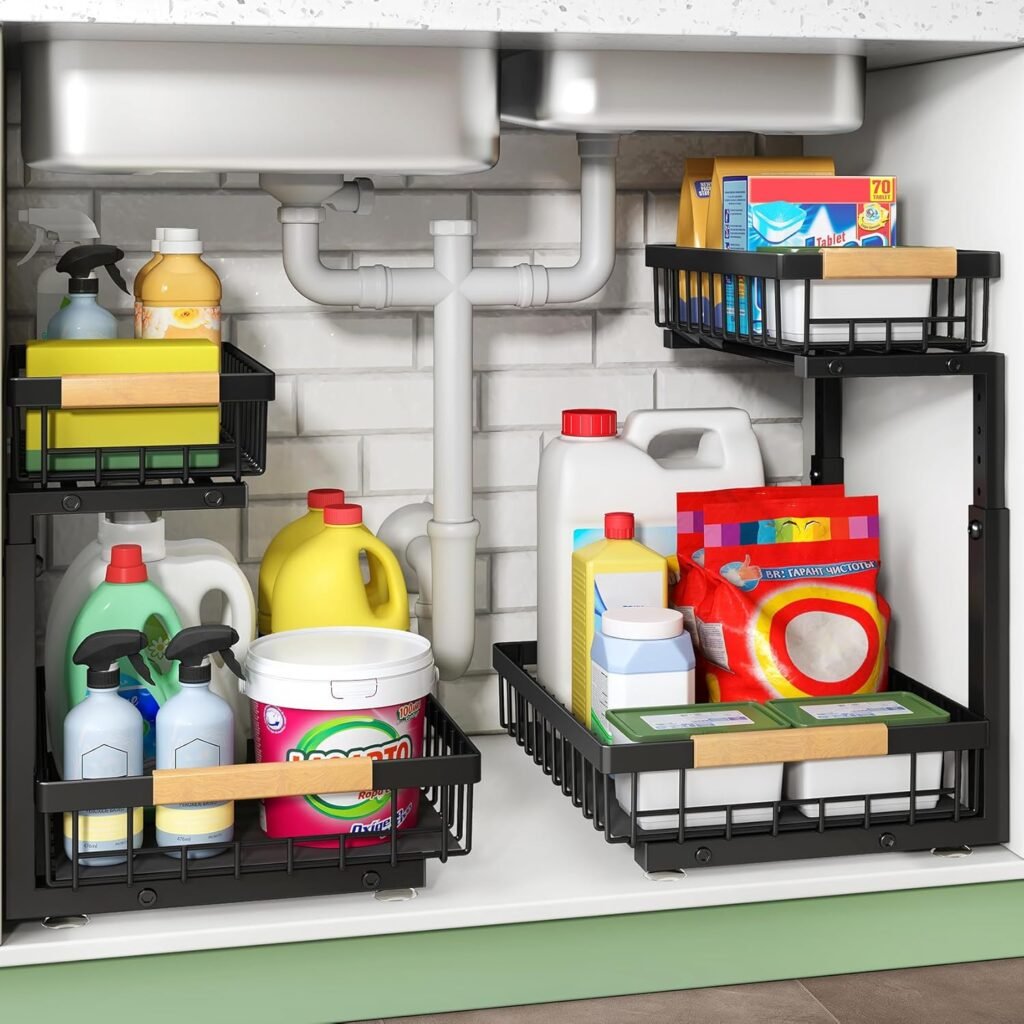 2 Packs 2 Tier Under Sink Organizers and Storage, Slide out Pull out Cabinet Organizer Shelf