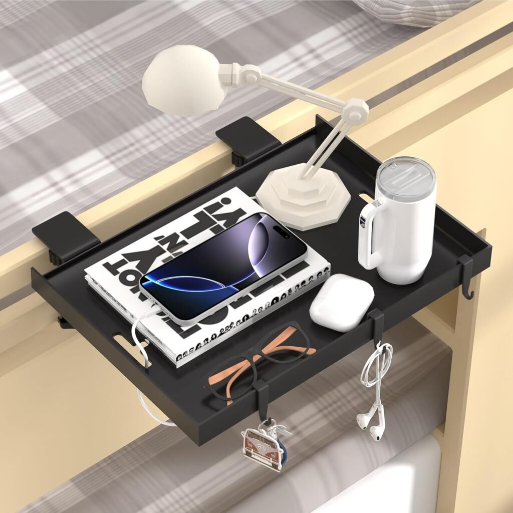 Foldable Bedside Shelf, Metal Clip-On Bed Tray Table for Bunk Bed & Dorm Beds