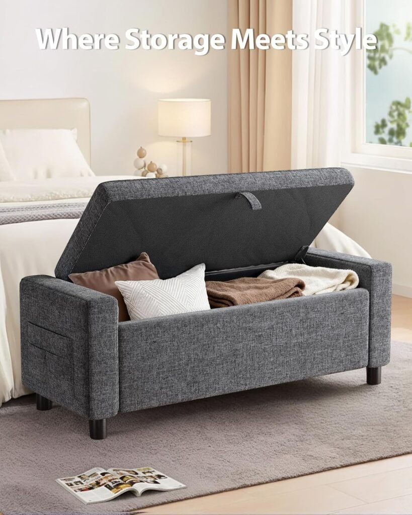 Storage Ottoman Bench with Safety Hinge, Hidden Compartment & Side Pocket