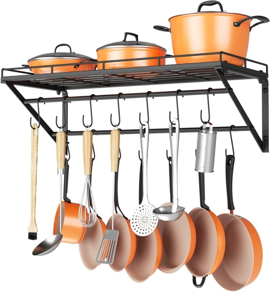 Wall Mounted Pot Rack Storage Shelf with 2 Tier Hanging Rails 14 S Hooks