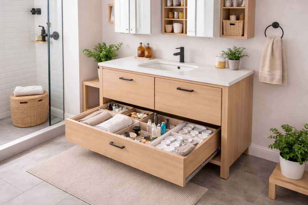 Bright bathroom with hidden storage solutions