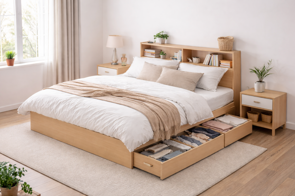 Bright tidy bedroom with hidden storage