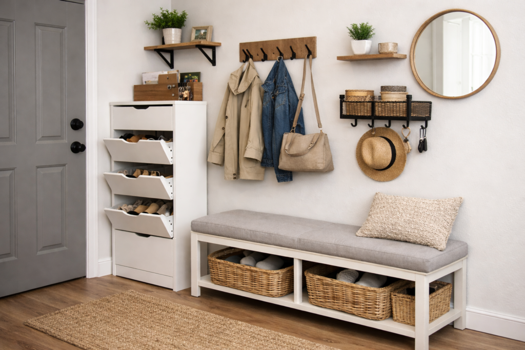 Small apartment entryway with slim shoe cabinet, wall hooks, storage bench and organized vertical storage solutions