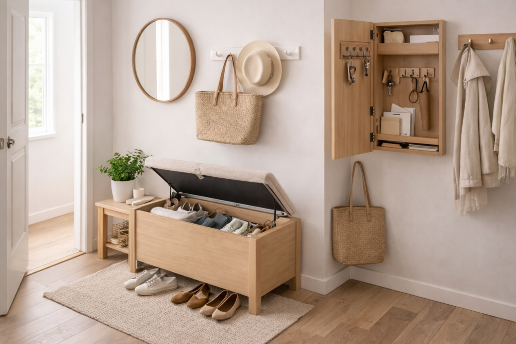 Bright hallway with hidden storage solutions