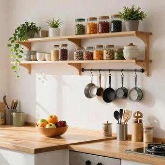Small organized kitchen with open shelves and space-saving storage