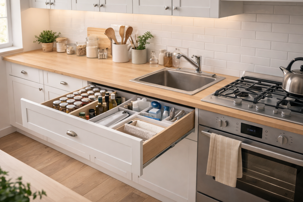 Bright kitchen with hidedn storage solutions