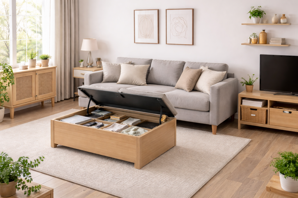 Bright living room with storage solutions