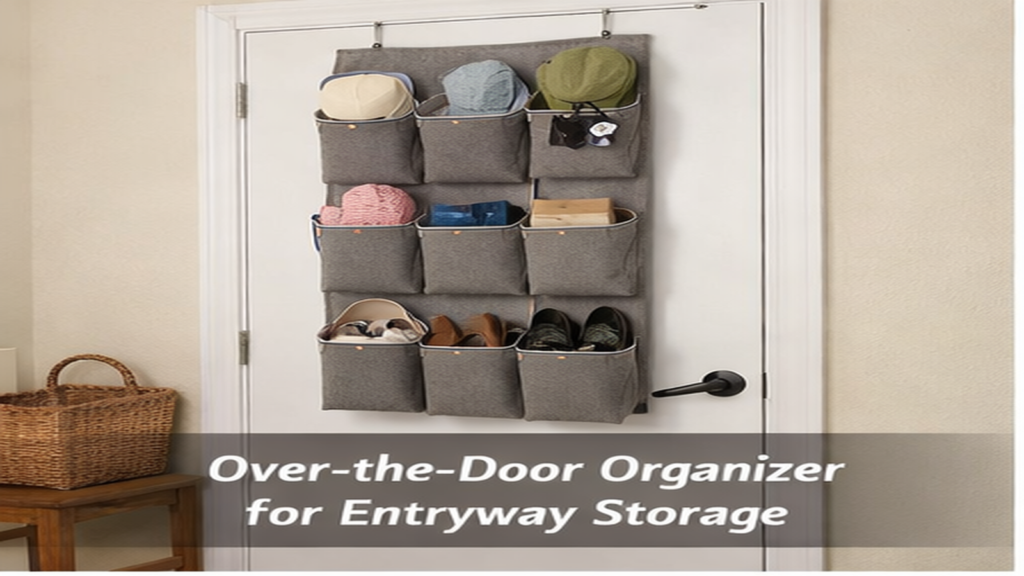 small apartment entryway with over-the-door organizer storage solution