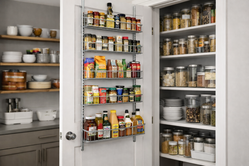 Under-cabinet kitchen hooks holding mugs and utensils to maximize vertical storage in small apartment kitchen