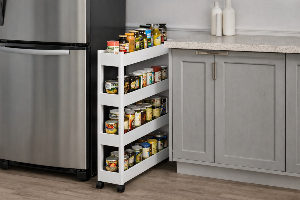 Slim rolling kitchen storage cart between refrigerator and cabinet maximizing vertical space in small apartment kitchen