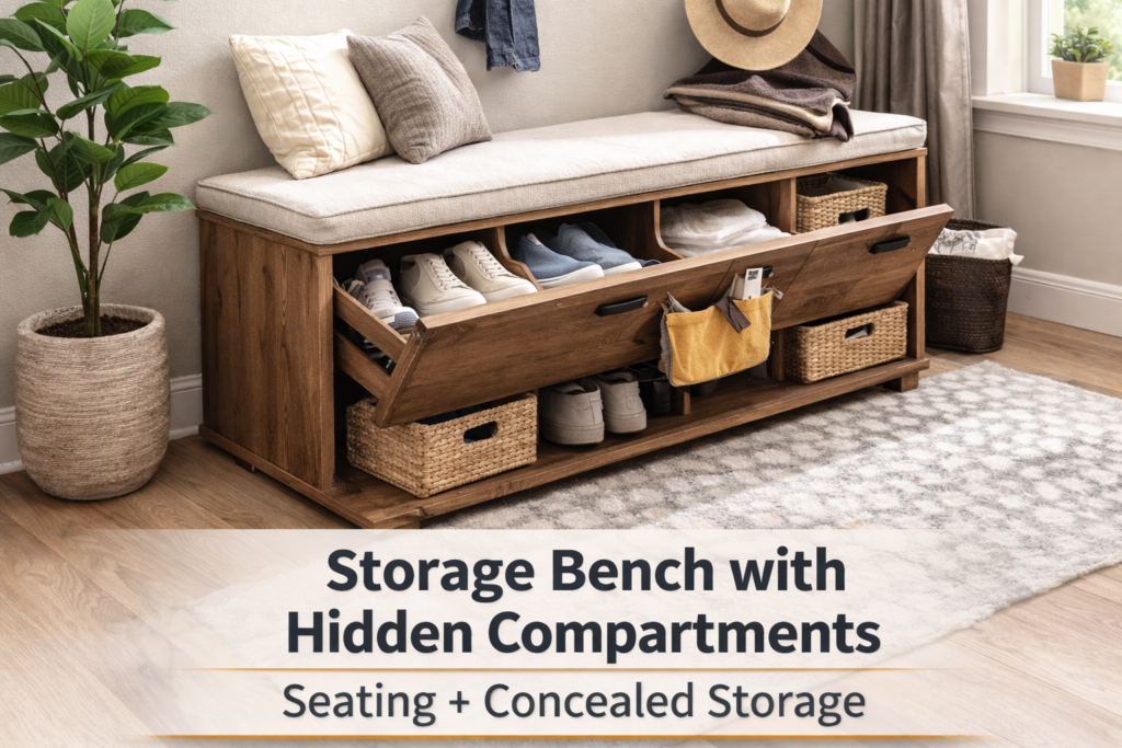 entryway storage bench with hidden compartments for small apartment organization