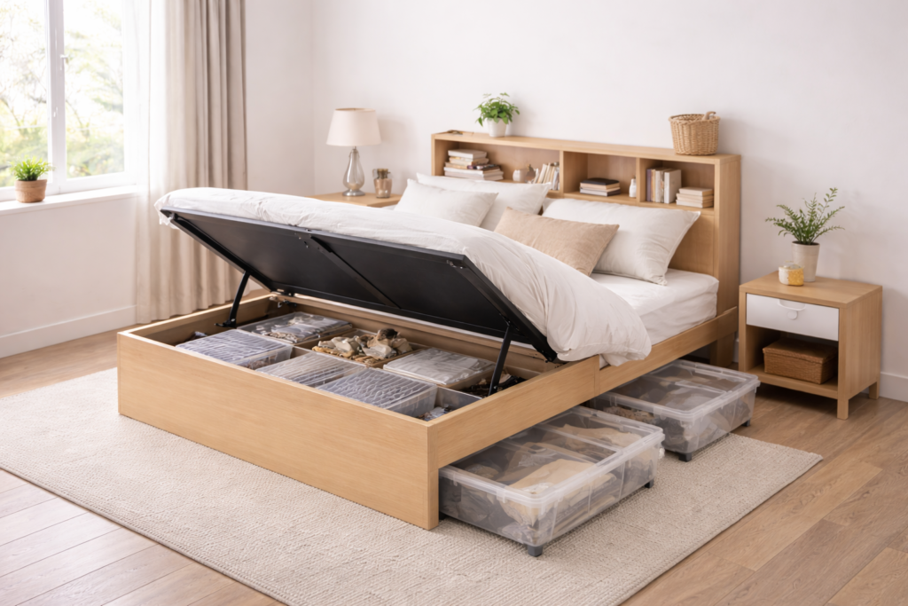 lift-up storage bed with organized bins in small apartment bedroom