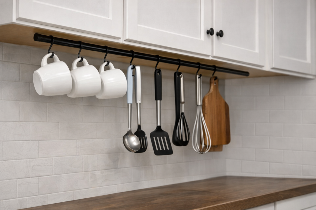 Wall-mounted pot rack with hanging pans and utensils saving cabinet space in small apartment kitchen