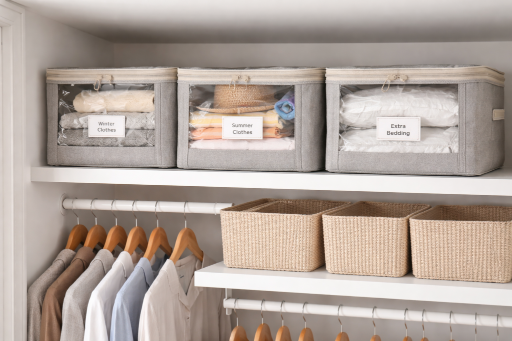 storage boxes for seasonal clothing organized on closet shelf in small apartment