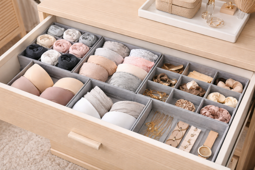 drawer organizers separating socks and accessories in small apartment closet
