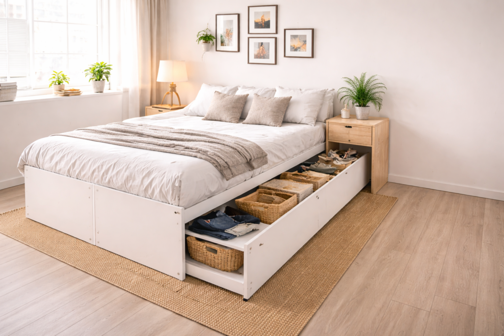 Storage bed with drawers in a small studio apartment