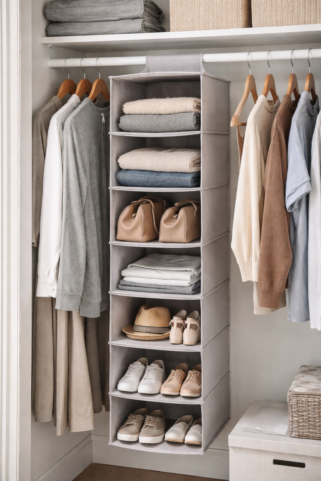hanging closet organizer with multiple fabric shelves in small apartment closet