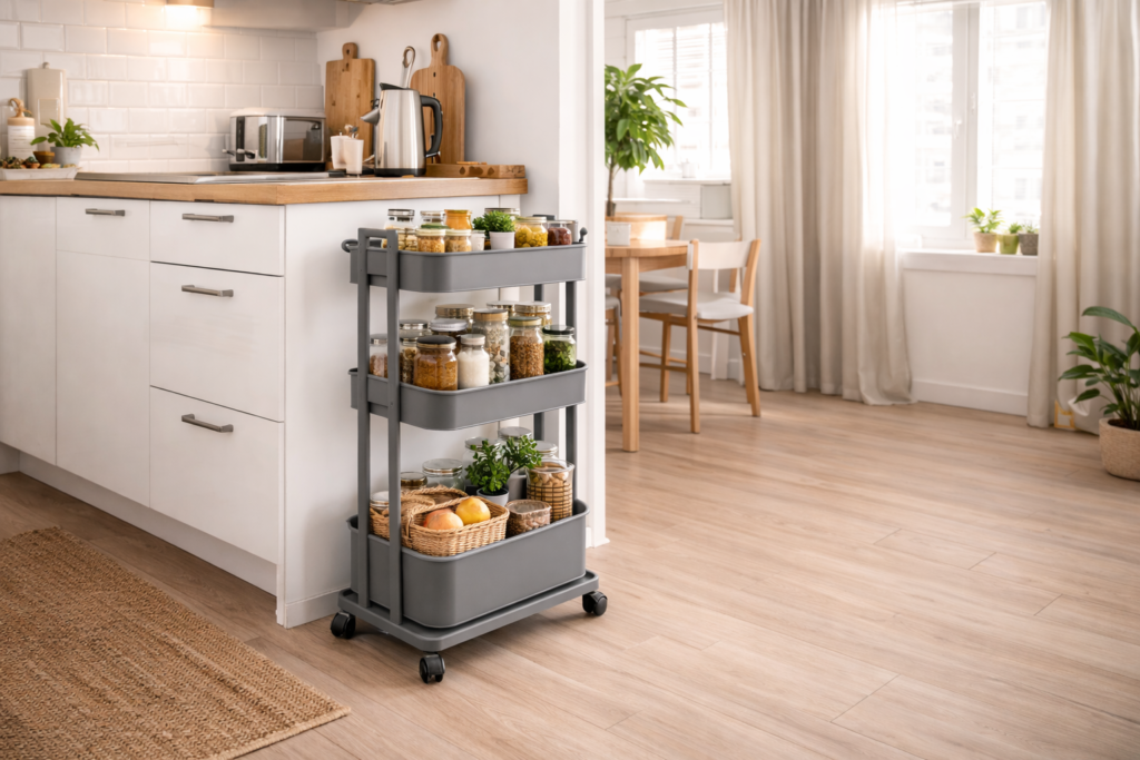 a rolling cart in a studio apartment