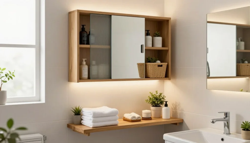 small apartment bathroom storage ideas using floating shelves and over toilet organizer